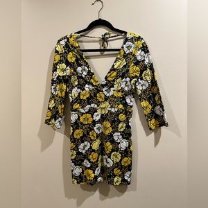 Zara Women's Retro 70's Yellow Floral Deep V-neck 3/4 Sleeve Mini